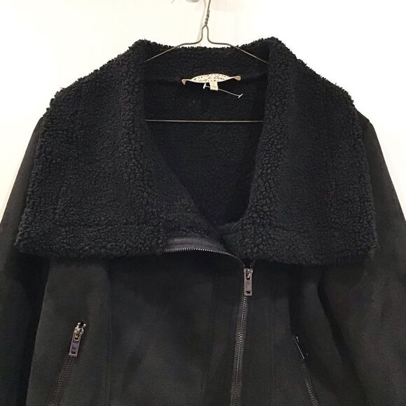 Black Faux Suede Faux Sherpa Moto Jacket, Size M - Picture 8 of 11